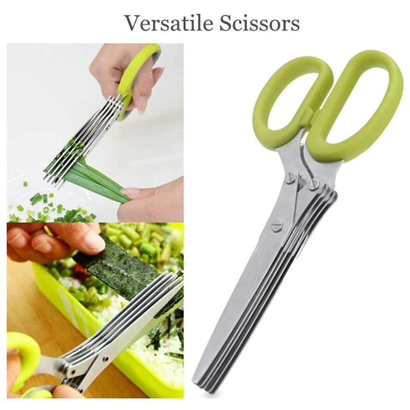 INVODA Herbal Scissors Stainless Steel 5 Blade Kitchen Scissors Mince Fresh Herbs & Leafy Greens Kitchen Gadgets Herb Cutter whit Cleaning Comb (Green) - Image 1